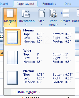 Click the Page Layout tab. Click the Margins button. The current margin setting is highlighted on the submenu.
