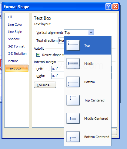 Click Text Box in the left pane. Click the Vertical alignment or Horizontal alignment