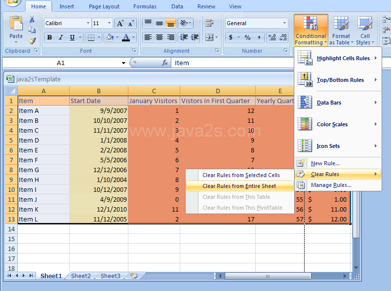 Choose the clear rule options: Clear Rules from Selected Cells, Clear Rules form Entire Sheet, Clear Rules from This Table, Clear Rules from This PivotTable.