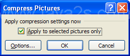 Select the Apply to selected pictures only to apply compression setting to only the selected picture. Or clear the check box to compress all pictures in your workbook.