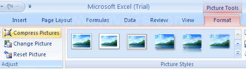 Select the picture. Click the Format tab under Picture Tools. Click the Compress Pictures button.