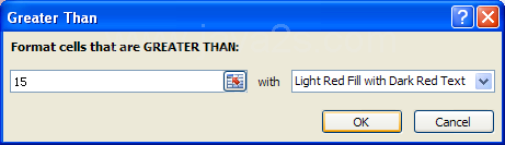 Click the comparison rule: Greater Than, Less Than, Between, Equal To, Text that Contains, A Date Occurring, Duplicate Values, Specify the criteria you want. Click OK.