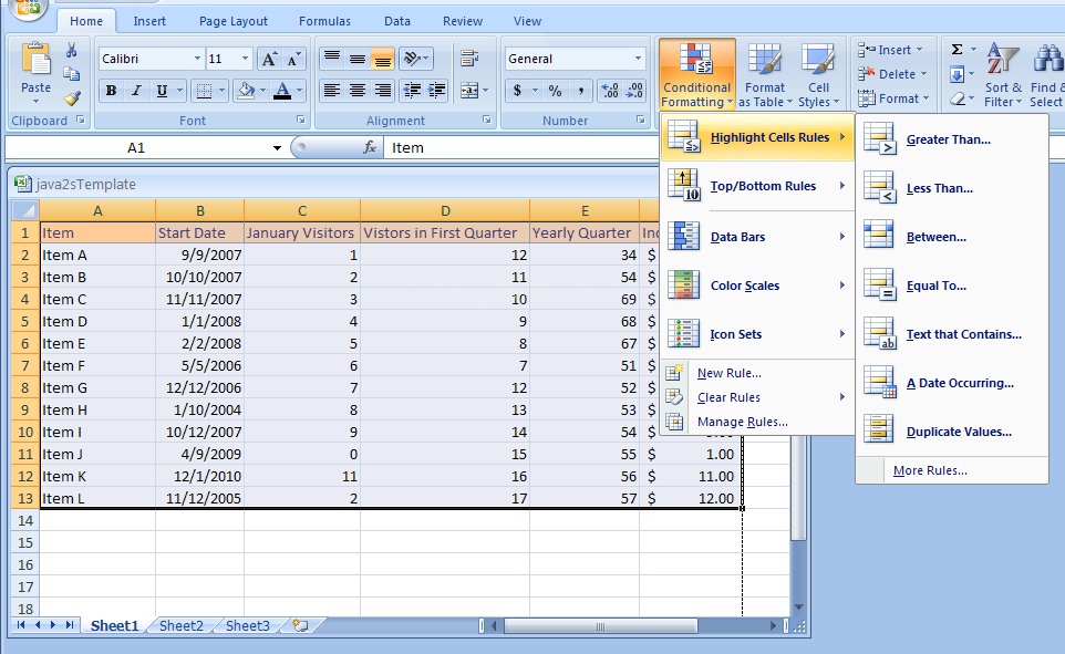 Click the Home tab. Click the Conditional Formatting button. Point to Highlight Cell Rules.