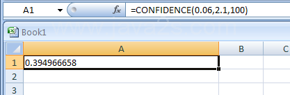 Input the formula: =CONFIDENCE(0.06,2.1,100)