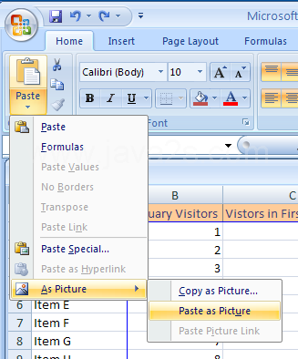 Click the Paste button arrow and point to As Picture. Then click Paste as Picture