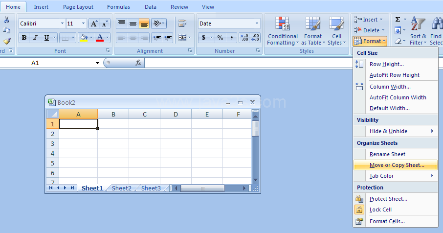 Click the Home tab. Click the Format button arrow. Then click Move or Copy Sheet.