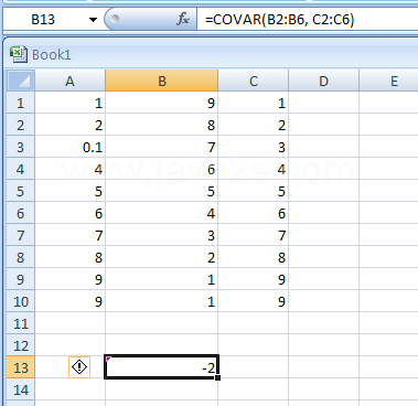 Input the formula: =COVAR(B2:B6, C2:C6)