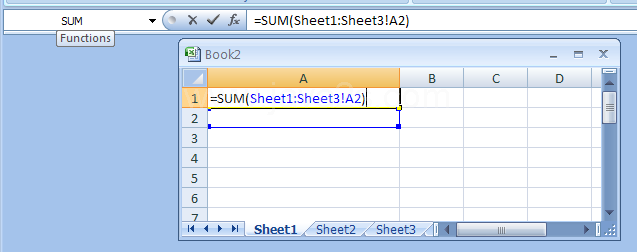 Click A1. Type =Sum(Sheet1:Sheet3!A2). Click the Enter button on the formula bar, or press Enter.