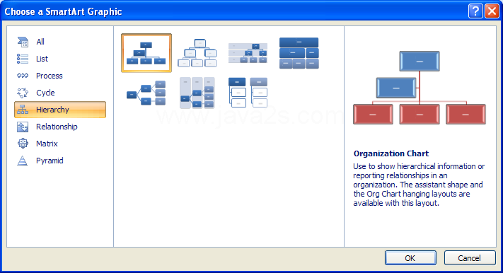 Click a SmartArt organization chart type. Click OK.