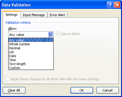 Click the Allow list arrow, and then select a value type.