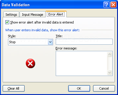 Click the Error Alert tab, and then select an alert style, type a title, and error message.
