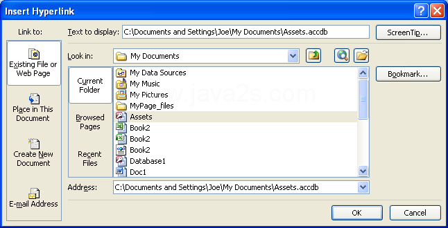 Type or select the name and location of the file or Web page you want to link to. Click OK.