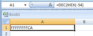 Input the formula: =DEC2HEX(-54)