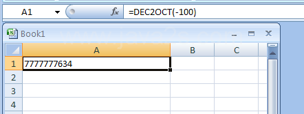 Input the formula: =DEC2OCT(-100)
