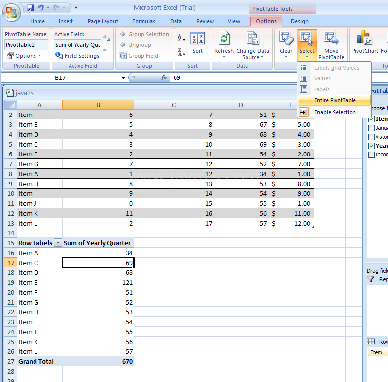 Click the PivotTable report. Click the Options tab. Click the Select button. Click Entire PivotTable. Then press Delete.