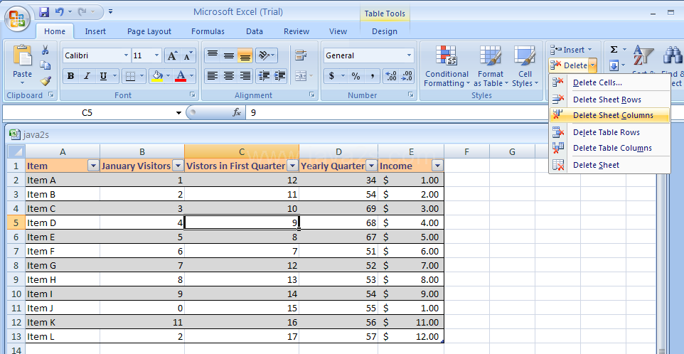 Click a cell in the table. Click the Home tab. Click the Delete button arrow and then click Delete Table Rows or Delete Table Columns.