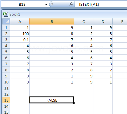 Determining Whether a Cell Contains Text: =ISTEXT(A1)