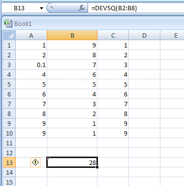 Input the formula: =DEVSQ(B2:B8)