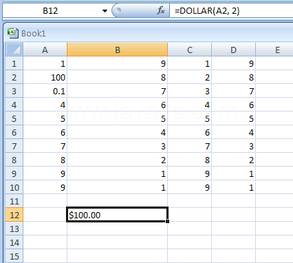 Input the formula: =DOLLAR(A2, 2)