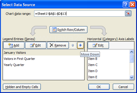 Click Move Up and Move Down to move a Legend data series up or down in the list.