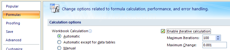 Click Formulas. Select the Enable iterative calculation.