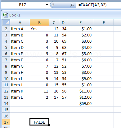 Input the formula: =EXACT(A2,B2)