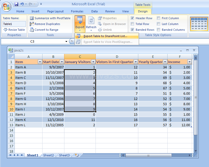 Exporting a Table to a SharePoint List