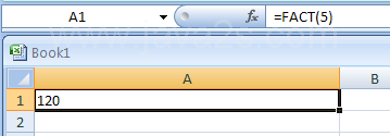 Input the formula: =FACT(5)