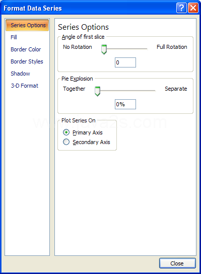 Series Options to change the gap width and depth for 3-D charts, or series overlap for 2-D charts.