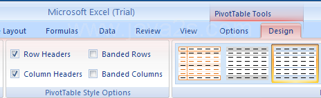 Select or clear the PivotTable format options: Row Headers, Column Headers, Banded Rows, Banded Columns.
