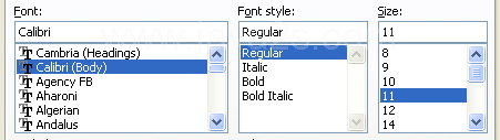 Select the font, font style, and font size. Select or clear the effects: Strikethrough, Superscript, and Subscript.