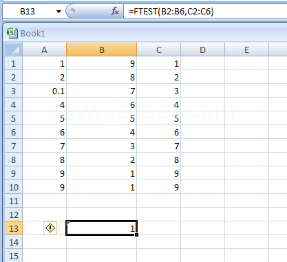 Input the formula: =FTEST(B2:B6,C2:C6)