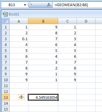 GEOMEAN(number1,number2,...) returns the geometric mean