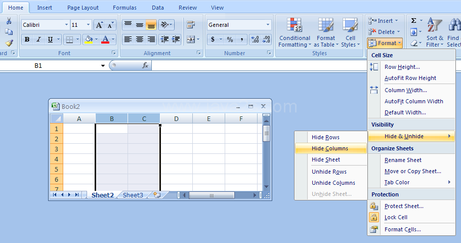 Click the Home tab. Click the Format button. Point to Hide & Unhide and then click Hide Columns or Hide Rows.