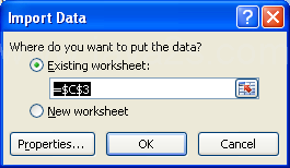 Click the Existing worksheet option and specify a cell location.
