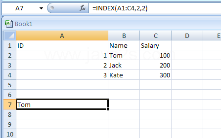 Input the formula: =INDEX(A1:C4,2,2)