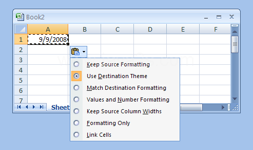 Click the Smart Tag button, and then click the list arrow next to the button. Click the On a new sheet option or the Starting at cell option