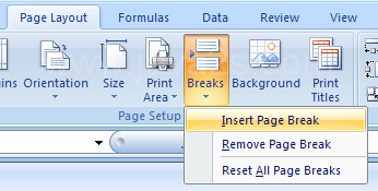 Click the Page Layout tab. Click the Breaks button and then click Insert Page Break.