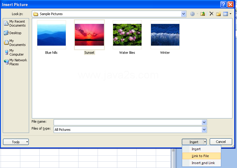 To link a picture file, click the Insert button arrow, and then click Link to File.