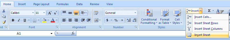 Or click the Home tab. Click the Insert Cells button. Then click Insert Sheet.