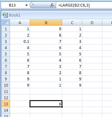 Input the formula: =LARGE(B2:C6,3)