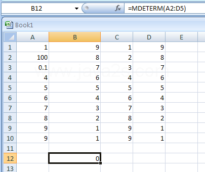 Input the formula: =MDETERM(A2:D5)