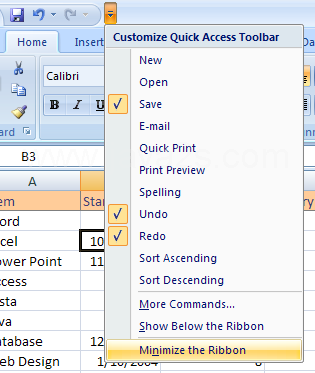 Click the Customize Quick Access Toolbar list arrow, then click Minimize the Ribbon
