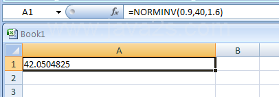 Input the formula: =NORMINV(0.9,40,1.6)