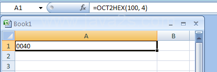 Input the formula: =OCT2HEX(100, 4)