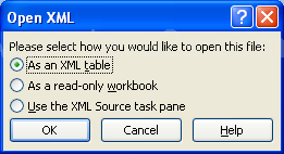 Click the As an XML table, As a read-only workbook, or Use The XML Source task pane option, and then click OK.