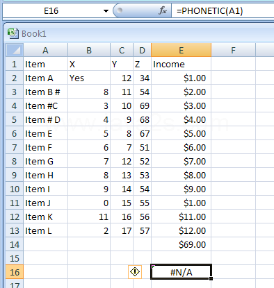 Input the formula: =PHONETIC(A1)