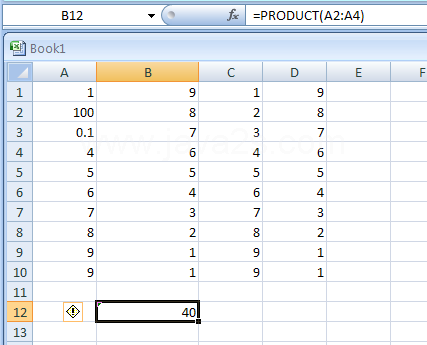 Input the formula: =PRODUCT(A2:A4)