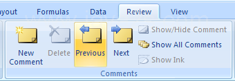 Click the Review tab and then click the Previous Comment or Next Comment button to move from comment to comment.
