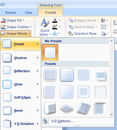 Select the shape. Click the Format tab under Drawing Tools. Click the Shape Effects button and point to Preset or Bevel. Click No Preset or No Bevel.